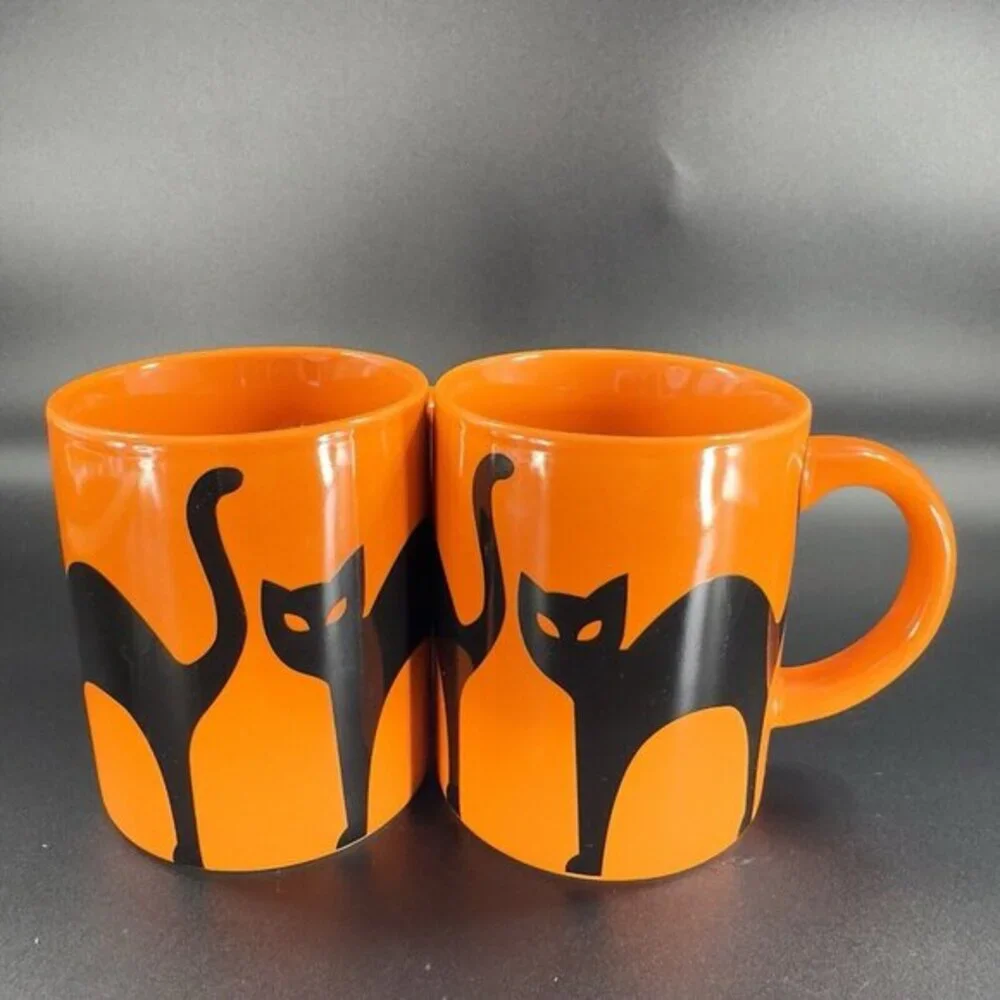 Crate & Barrel Orange Coffee Mug Cup Purple Black Halloween Cats Ceramic Set‎ 2